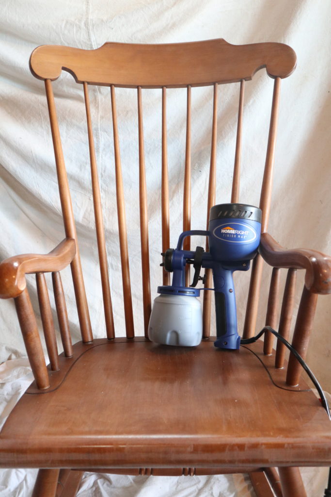 Wooden rocking chair makeover. HomeRight Finish Max paint sprayer.
