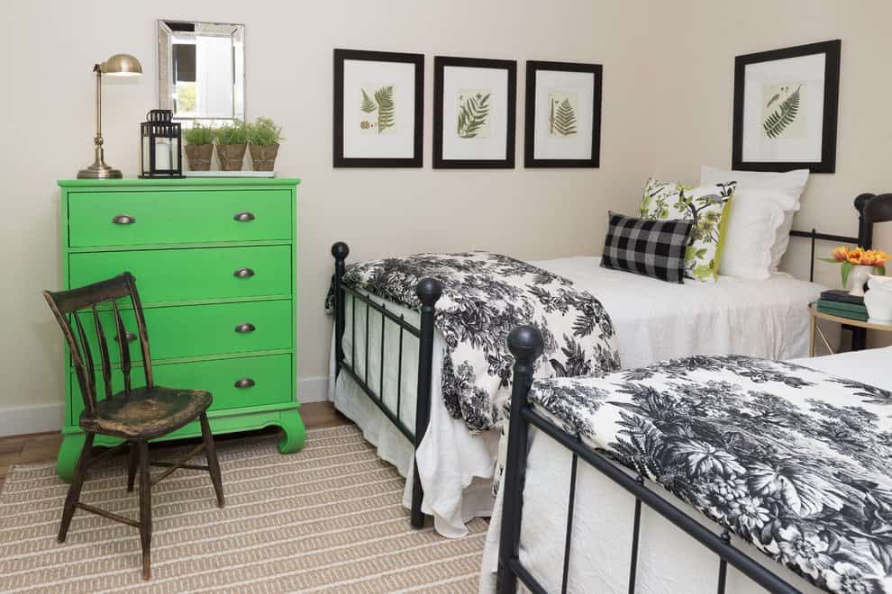 Neutral decor with bright green painted dresser.