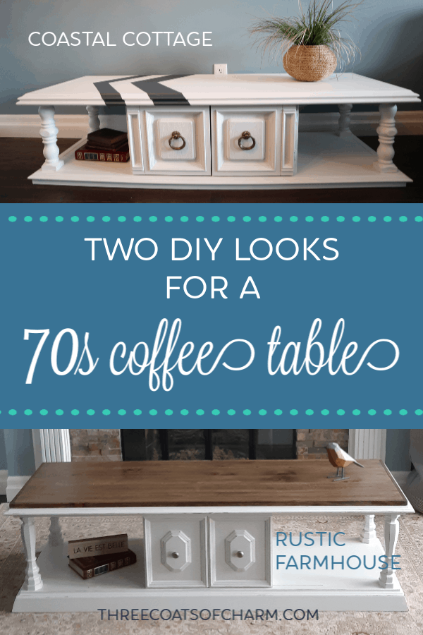 Two ways to makeover a 70s coffee table. Coastal cottage or rustic farmhouse looks given to two refinished vintage coffee tables. DIY instructions 
 for getting these modern looks. #DIYfurniturerefinishing 