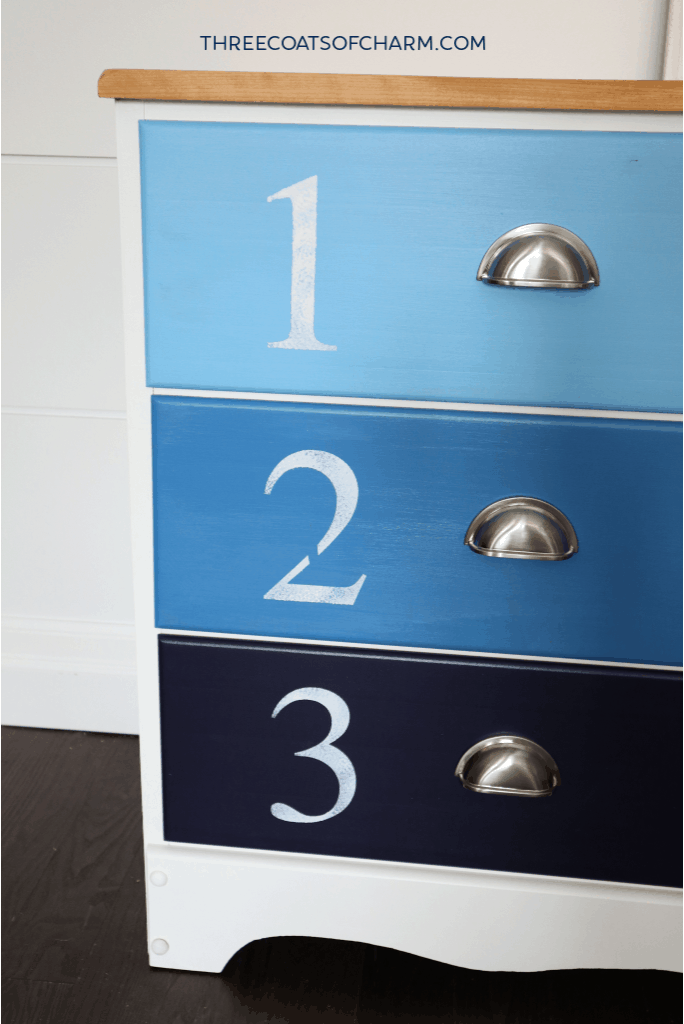 DIY painted cottage dresser blue stencil numbers