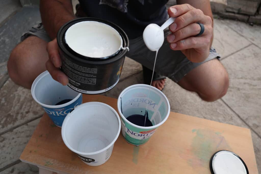 Mixing blue and white mineral paint for painting a wood cottage dresser