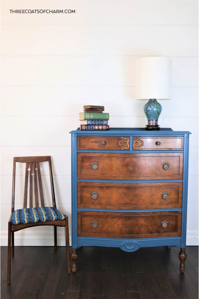 Burled wood dresser by Malcolm Fine Furniture refinished in teal, Naples blue by Cottage Paint