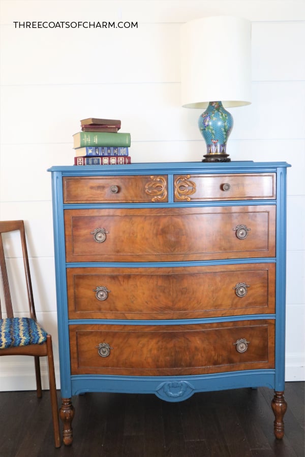 Burled wood dresser by Malcolm Fine Furniture refinished in teal, Naples blue by Cottage Paint