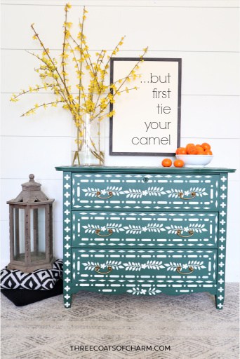 Faux bone inlay dresser stencil on wood painted green