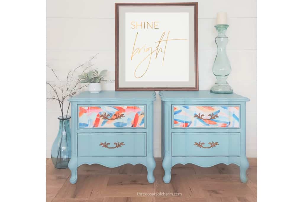 Decoupaged French Provinicial night stands in Fusion Mineral Paint Champness and Mod Podge
