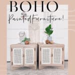 Blush beige boho style painted side tables with cane ratan, macrame wall hangings and plants
