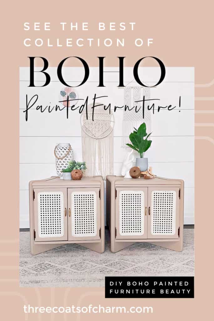 Blush beige boho style painted side tables with cane, macrame wall hangings, plants 